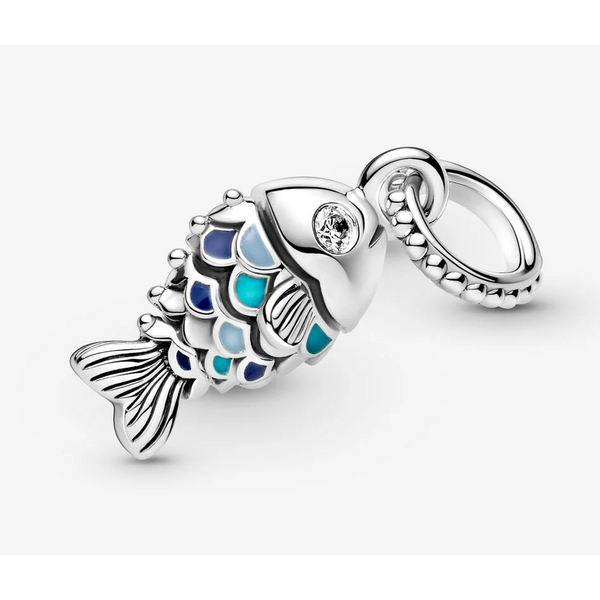 Scaled Fish Dangle Charm, Blue Enamel & Clear CZ Vaughan's Jewelry Edenton, NC