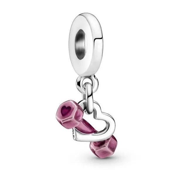 Dumbbell & Heart Dangle Charm, Raspberry Pink Enamel Vaughan's Jewelry Edenton, NC