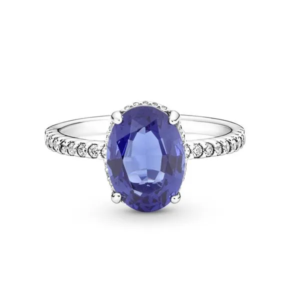 7, Sparkling Statement Halo Ring, Clear CZ & Blue Crystal Vaughan's Jewelry Edenton, NC