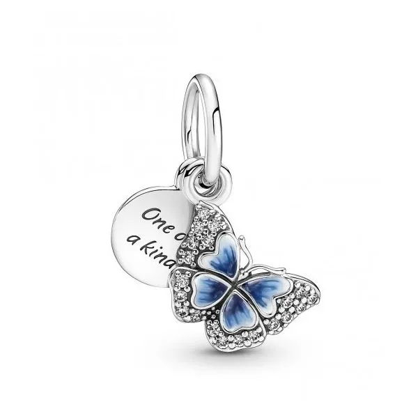 Blue Butterfly & Quote Double Dangle, Mixed Enamel & Clear CZ Charm Vaughan's Jewelry Edenton, NC