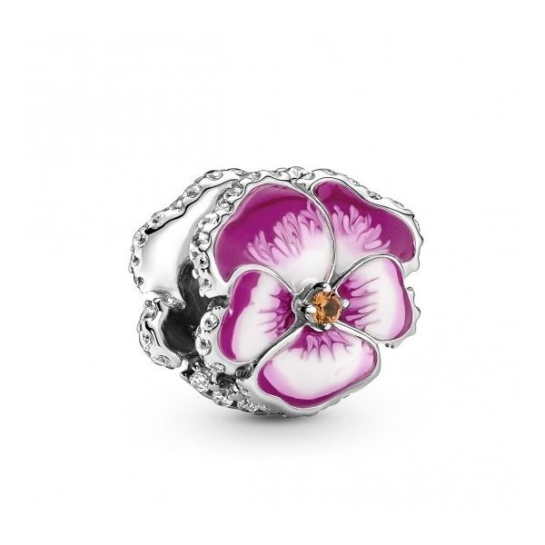 Pink Pansy Flower, Mixed Enamel, Orange Crystals, & Clear CZ Charm Vaughan's Jewelry Edenton, NC