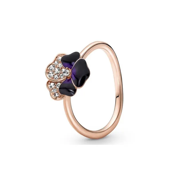 5, RGP Deep Purple Pansy Flower Ring, Mixed Enamel & Clear CZ Vaughan's Jewelry Edenton, NC