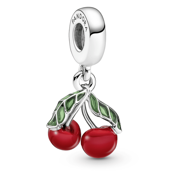 Asymmetrical Cherry Fruit Dangle, Red & Green Enamel Charm Vaughan's Jewelry Edenton, NC