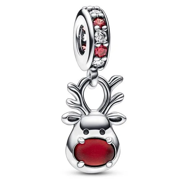 Red Nose Reindeer Murano Dangle, Multi-Colored CZ Charm Vaughan's Jewelry Edenton, NC