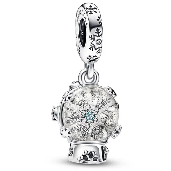 Snowflake Snowglobe Dangle Charm, Teal & Clear CZ, Glitter Murano Vaughan's Jewelry Edenton, NC