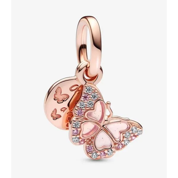 RGP Pink Butterfly & Quote Double Dangle, Pink Enamel & Multi-Colored CZ Charm Vaughan's Jewelry Edenton, NC