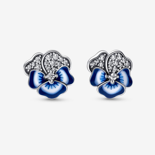 Blue Pansy Flower Studs, Mixed Enamel & Clear CZ Vaughan's Jewelry Edenton, NC