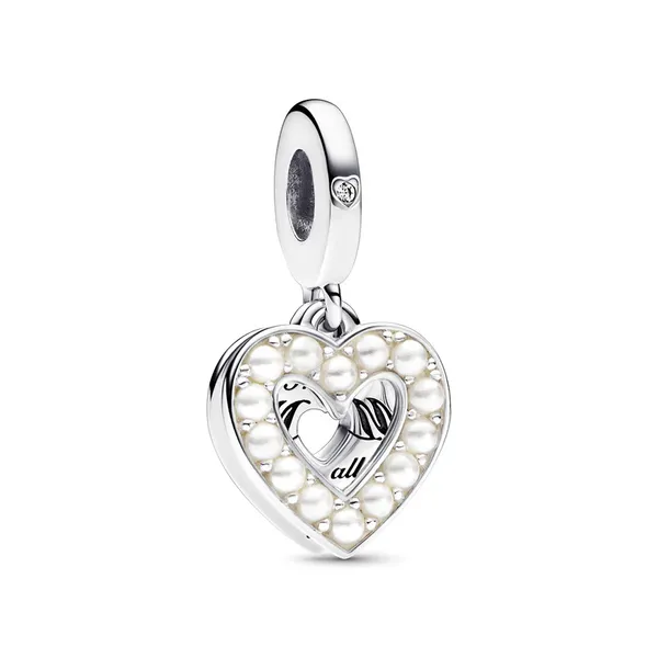 Pearlescent White Heart Double Dangle, Clear CZ & Bioresin Man-Made MOP Charm Vaughan's Jewelry Edenton, NC