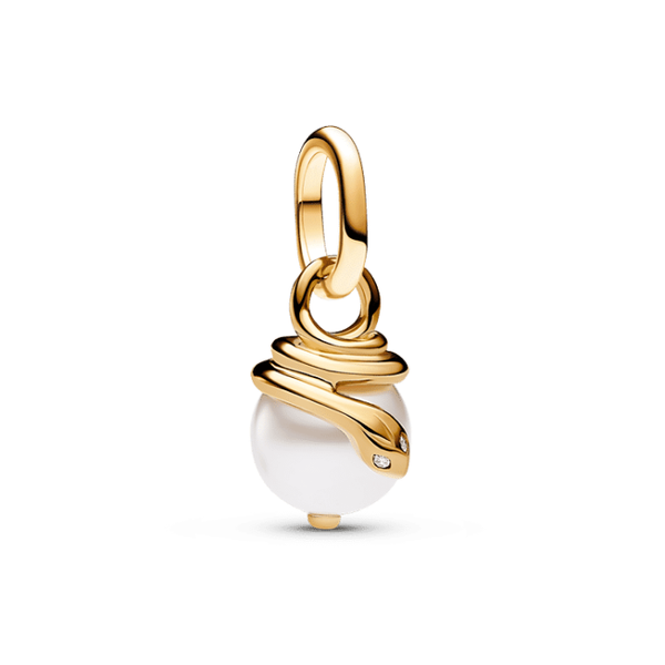 YGP Pandora ME Snake Pearlescent Mini Dangle Charm, White Laquered Artificial Pearl, Clear CZ Vaughan's Jewelry Edenton, NC