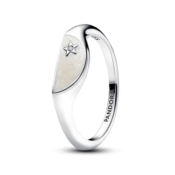 7.5, Pandora ME Halved Enamel Signet Ring, Clear CZ, White Shiny Birch Enamel Vaughan's Jewelry Edenton, NC