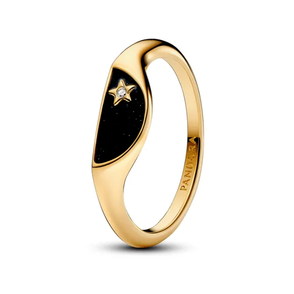 7.5, YGP Pandora ME Halved Enamel Signet Ring, Clear CZ, Black Enamel Vaughan's Jewelry Edenton, NC