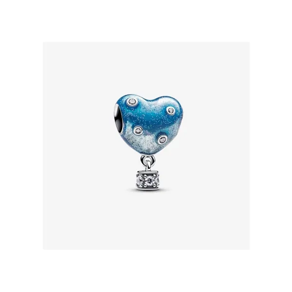 Hot Air Balloon Heart Charm, Clear CZ & Transparent France Blue, Mosaic Blue & Holo Glittery Grey Violet Enamel Vaughan's Jewelry Edenton, NC