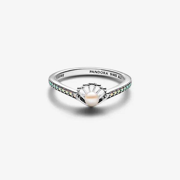 7, Disney Princess Ariel Shell Pearl Ring, Treated White FWP & Aurora Borealis Clear CZ Vaughan's Jewelry Edenton, NC