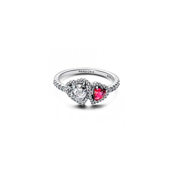6, Sparkling Halo Double Hearts Ring, Red Man-Made Crystal & Clear CZ Vaughan's Jewelry Edenton, NC