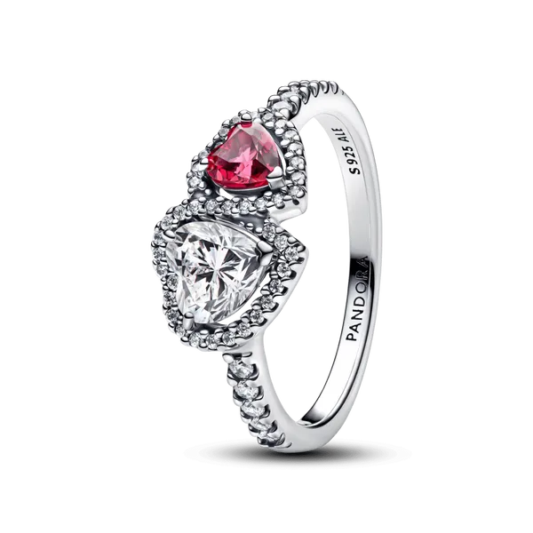 6, Sparkling Halo Double Hearts Ring, Red Man-Made Crystal & Clear CZ Vaughan's Jewelry Edenton, NC