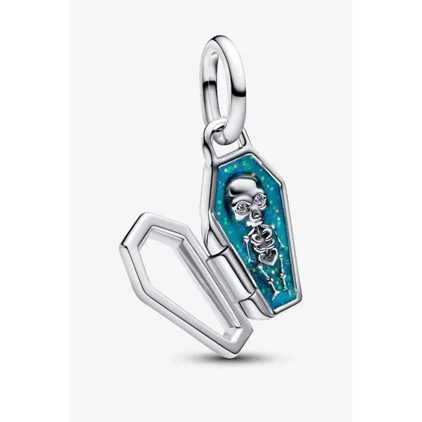 Openable Glow-in-the Dark Coffin Charm, Clear CZ, Glittery Bright White Enamel Vaughan's Jewelry Edenton, NC
