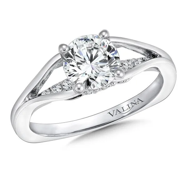 14k WG 0.11CT 4-Prong Solitaire with a Diamond Accented Bridge Engagement Ring Mounting (Center Sold Separately) Vaughan's Jewelry Edenton, NC