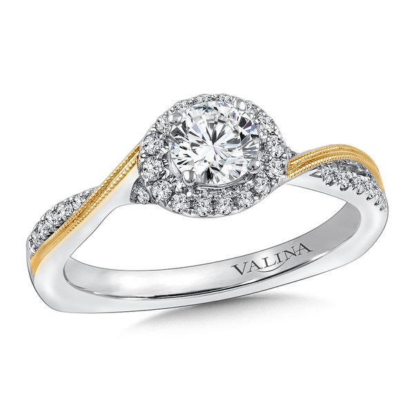 14k Y/WG 0.18CT Halo, Criss Cross Engagement Ring Mounting (Center Sold Separately) Vaughan's Jewelry Edenton, NC