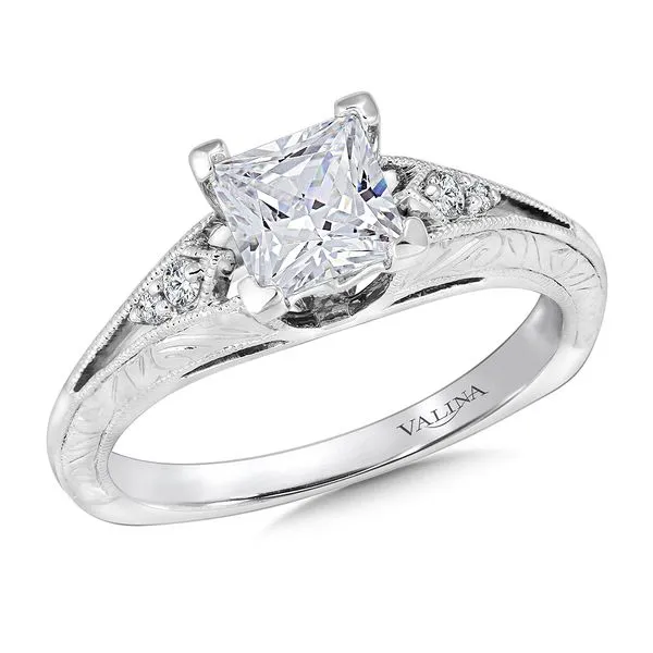 14k WG 0.06CT Diamond Accent, Hand Engraved & Milgraine Detail Engagement Ring Mounting (Center Sold Separately) Vaughan's Jewelry Edenton, NC