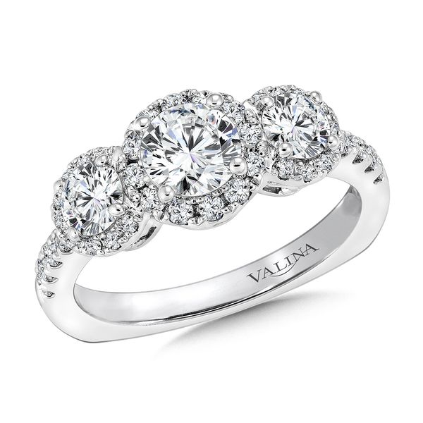 14k WG 1.40CT 3-Stone Halo Engagement Ring Mounting (Center Sold Separately) Vaughan's Jewelry Edenton, NC