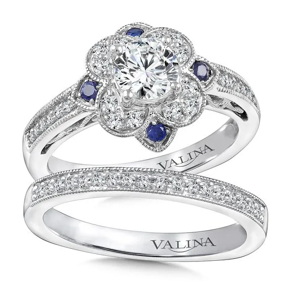 14K WG 0.24CT Vintage Inspired Diamond & Blue Sapphire Halo Engagement Ring Mounting (Center Sold Separately) Image 3 Vaughan's Jewelry Edenton, NC