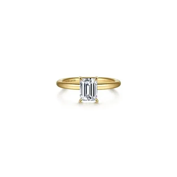 Ultra Whisper Thin Emerald and Radiant Cut Solitaire Diamond Engagement Ring in 14K Yellow Giold Image 2 Venus Jewelers Somerset, NJ