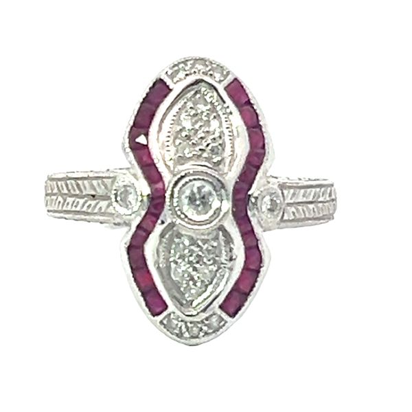 18k White Gold Diamond and Ruby Vintage Inspired Ring Venus Jewelers Somerset, NJ