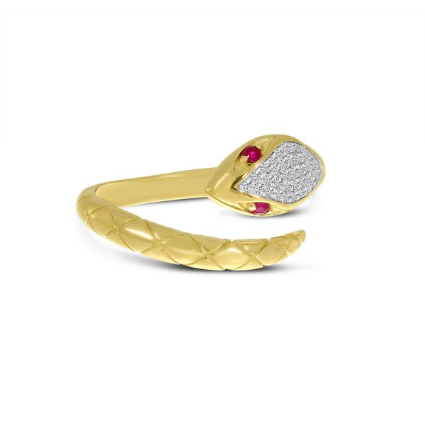 14K Yellow Gold Diamond Head Ruby Eyes Snake Ring Image 2 Venus Jewelers Somerset, NJ