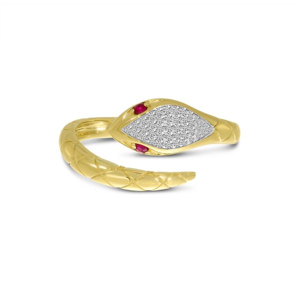 14K Yellow Gold Diamond Head Ruby Eyes Snake Ring Venus Jewelers Somerset, NJ