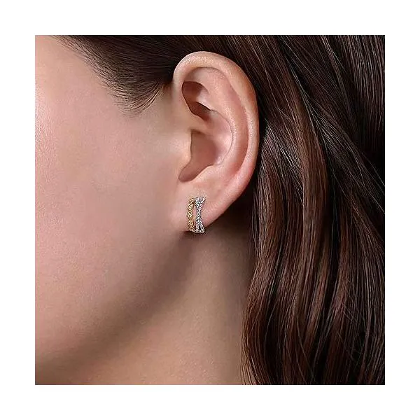 Lady's Two-Tone 14 Karat Small Huggie Hoop Earrings With 0.32Tw Round Diamonds Image 2 Venus Jewelers Somerset, NJ