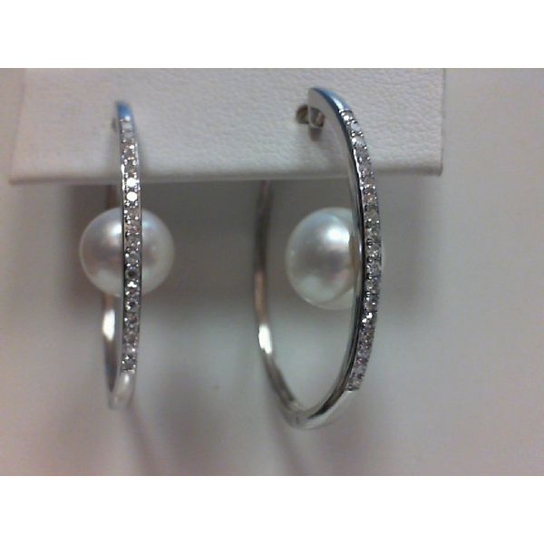14k White Gold Diamond and Pearl Hoop Earrings Image 2 Venus Jewelers Somerset, NJ