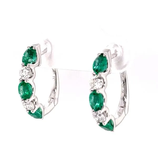 Emerald and Diamond Small Hoop Earrings in 14K White Gold Image 2 Venus Jewelers Somerset, NJ