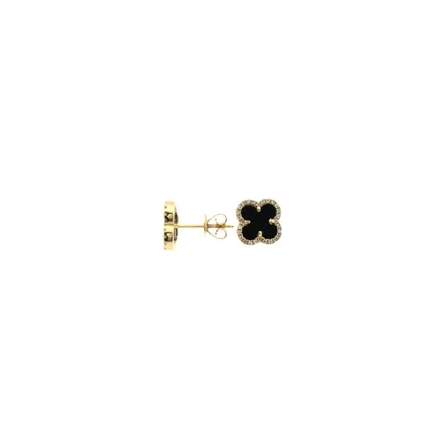 Lady's 14K Yellow Gold Quatrefoil Stud Earrings – Diamond & Onyx Accents Venus Jewelers Somerset, NJ