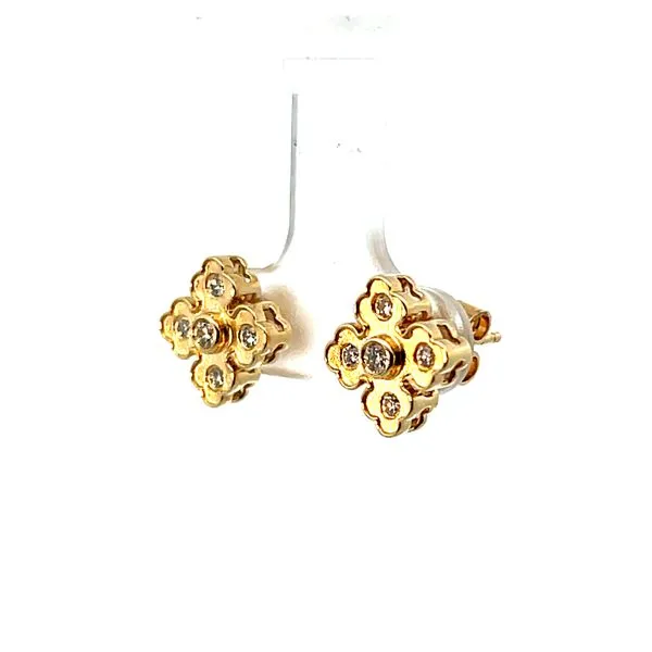 Lady's 14K Yellow Gold Satin Quatrefoil Clover Stud Earrings with 10 Round Diamonds Image 2 Venus Jewelers Somerset, NJ
