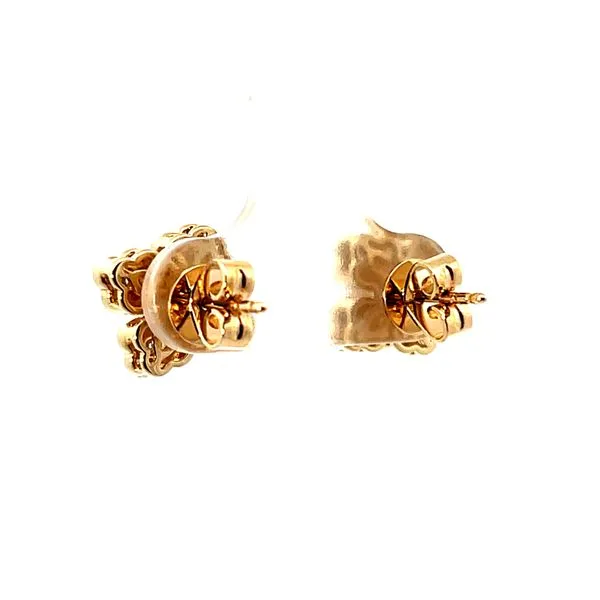 Lady's 14K Yellow Gold Satin Quatrefoil Clover Stud Earrings with 10 Round Diamonds Image 3 Venus Jewelers Somerset, NJ