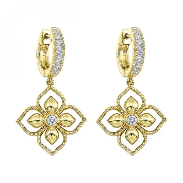 Lady's 14K Yellow Gold Beaded Clover Drop Earrings with 24 Round Diamonds Venus Jewelers Somerset, NJ