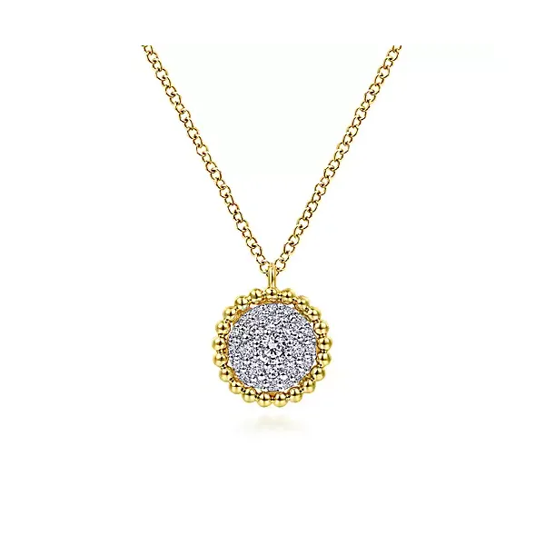 14kt Yellow Gold Round Diamond Pave Pendant Necklace with Bujukan Bead Frame Venus Jewelers Somerset, NJ