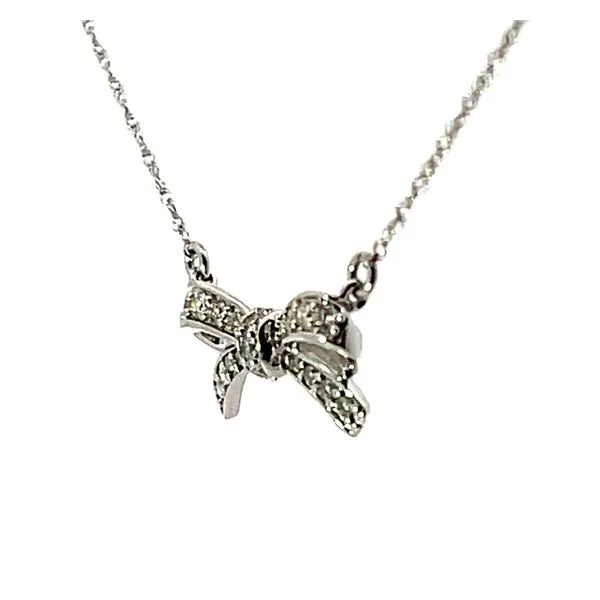 Lady's White 10 Karat Bow Pendant with Round Diamonds Image 2 Venus Jewelers Somerset, NJ