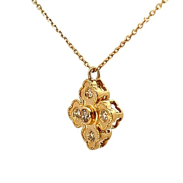 Lady's Yellow 14 Karat Satin Clover Pendant with Round Diamonds Image 2 Venus Jewelers Somerset, NJ