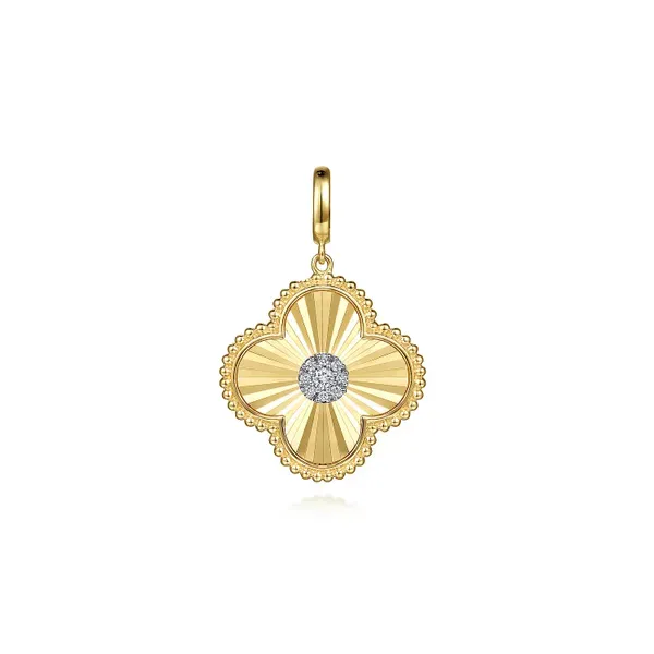 14K Yellow Gold Diamond Cut Diamond Clover Medallion Pendant with 0.15 TW Round Diamonds Image 2 Venus Jewelers Somerset, NJ