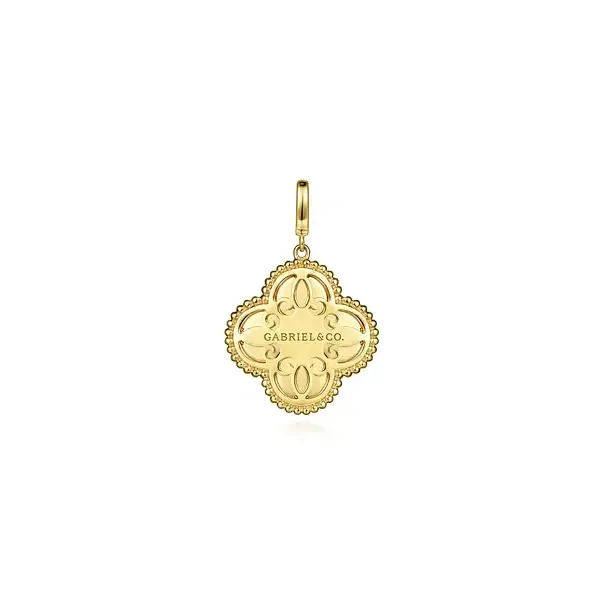 14K Yellow Gold Diamond Cut Diamond Clover Medallion Pendant with 0.15 TW Round Diamonds Image 3 Venus Jewelers Somerset, NJ