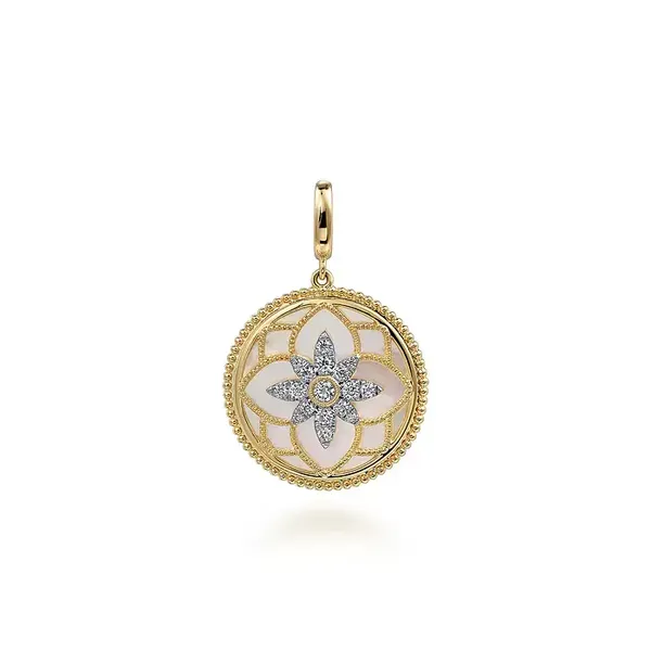 Yellow 14K Gold Milgrain Flower Pendant – Mother of Pearl and 0.36ctw Diamonds Image 2 Venus Jewelers Somerset, NJ