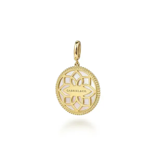 Yellow 14K Gold Milgrain Flower Pendant – Mother of Pearl and 0.36ctw Diamonds Image 3 Venus Jewelers Somerset, NJ