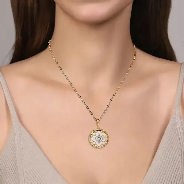 Yellow 14K Gold Milgrain Flower Pendant – Mother of Pearl and 0.36ctw Diamonds Image 4 Venus Jewelers Somerset, NJ