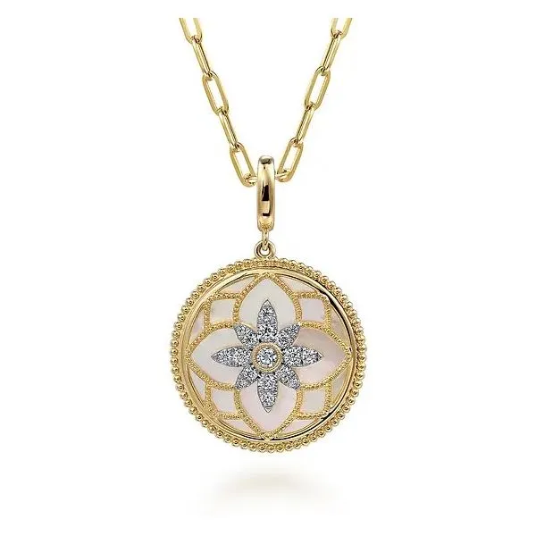 Yellow 14K Gold Milgrain Flower Pendant – Mother of Pearl and 0.36ctw Diamonds Venus Jewelers Somerset, NJ