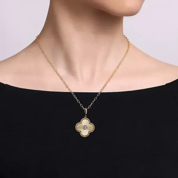 14K Yellow Gold Diamond Cut Diamond Clover Medallion Pendant with 0.15 TW Round Diamonds Image 4 Venus Jewelers Somerset, NJ