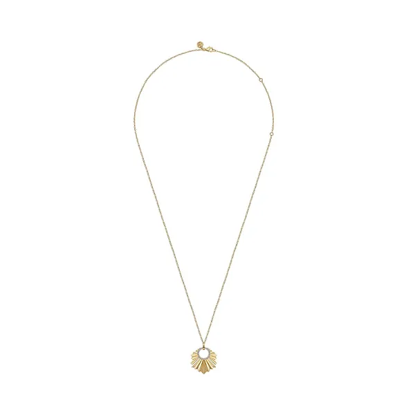 Yellow 14K Gold Leaf Pendant – Diamond Cut Texture with 0.20ctw Diamonds Image 2 Venus Jewelers Somerset, NJ