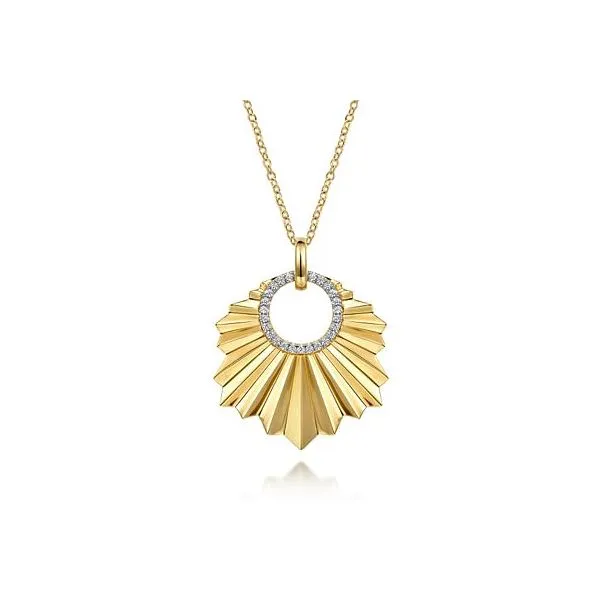 Yellow 14K Gold Leaf Pendant – Diamond Cut Texture with 0.20ctw Diamonds Venus Jewelers Somerset, NJ