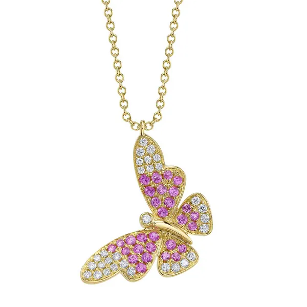 14K Yellow Gold Diamond & Pink Sapphire Butterfly Pendant – 0.55ctw, 18