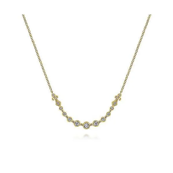 14kt Yellow Milgrain Bezel Set Curved Bar Necklace Venus Jewelers Somerset, NJ